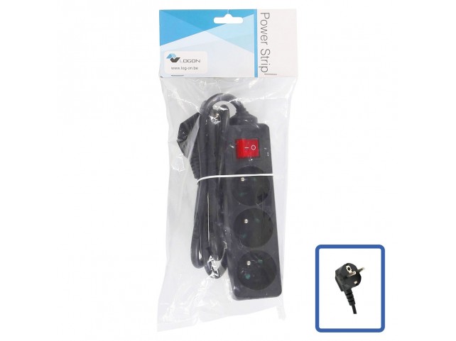 LOGON PROFESSIONAL LPS125 3-WAY POWER STRIP: BLACK -  ON/OFF SWITCH - 1.5M CABLE