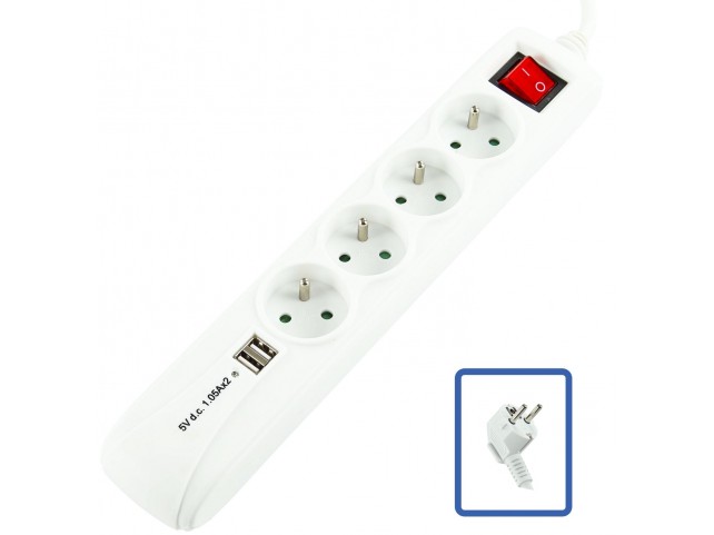 LOGON PROFESSIONAL LPS165 4-WAY+2 USB POWER STRIP:  WHITE - ON/OFF SWITCH - 1.5M