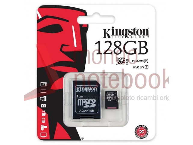 Micro SD Kingston 128 GB con adattatore CLASSE 10 45MB/S
