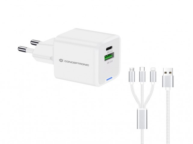 Conceptronic ALTHEA16W 2-Port 33W Gan Usb Pd Charger  With 3-In-1 Charging Cable