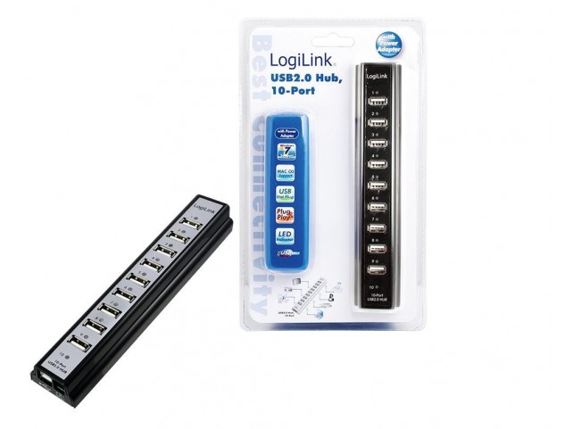 LogiLink UA0096 10-Port m. PSU black Kunststo  UA0096 480 Mbit/s Black