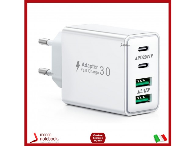 Caricatore USB C Presa, 40W 4-Porto Alimentatore USB Multipla Ricarica Veloce Tipo C Caricabatterie 