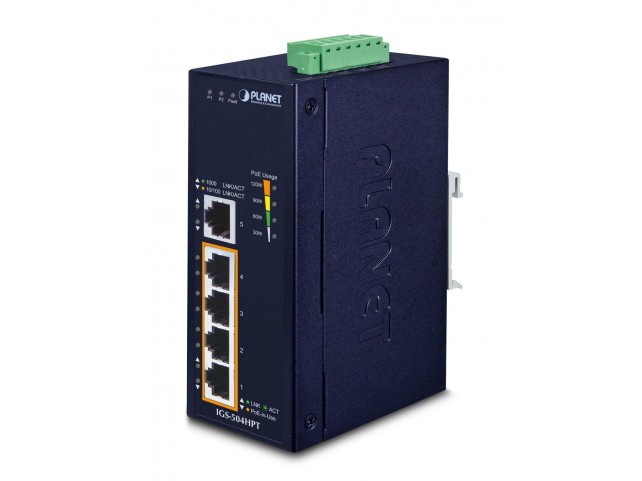 Planet IGS-504HPT IP30 5-Port Gigabit Switch  with 4-Port 802.3AT POE+