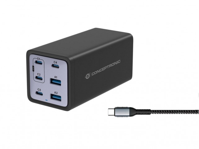 Conceptronic OZUL06BE 6-Port 200W Gan Usb Pd  Charger With Usb-C Charging