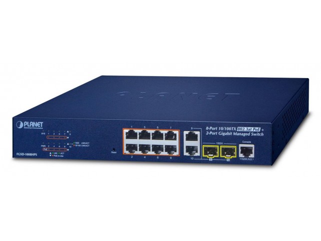 Planet FGSD-1008HPS 8-Port 10/100TX 802.3at High  Power POE + 2-Port Gigabit