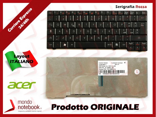 Tastiera Netbook ACER Aspire One ZG5 A110 A150 D150 D250 531H P531 (NERA) SERIGRAFIA ROSSA