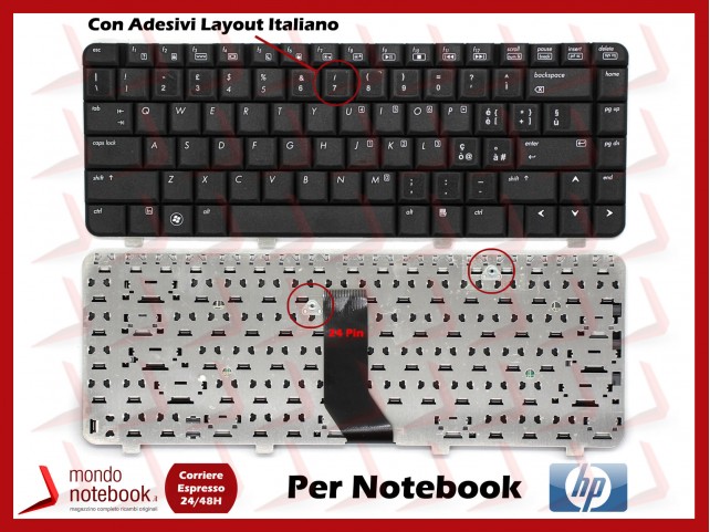 Tastiera Notebook HP 500 510 520 530 (Vers. Flat Lungo) 24 Pin Con Adesivi Layout Italiano