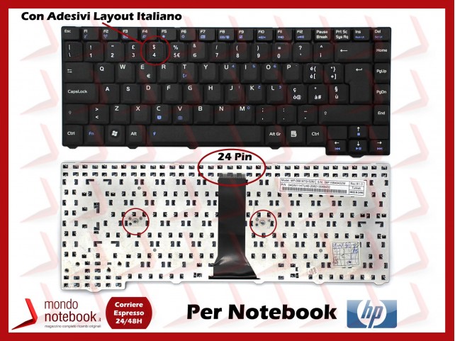 Tastiera Notebook ASUS F2 F3JC F5 T11 X53 Z53 (NERA) Versione 24 PIN con Adesivi Layout Italiano