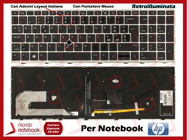 Tastiera Notebook HP EliteBook 850 G5 (Frame Silver) Con Puntatore RETROILL. Con Adesivi Layout Italiano