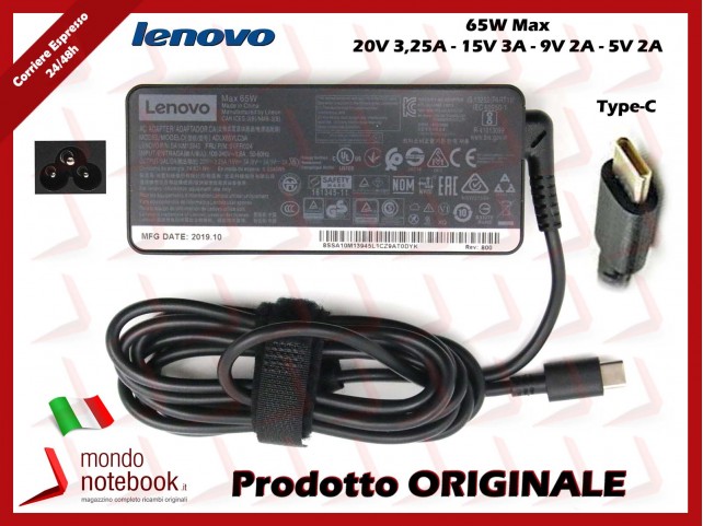 Alimentatore LENOVO 65W 5V/2A 9V/2A 15V/3A 20V/3,25A [USB Type-C] ThinkPad X280 T480 T480s T570 01FR024 01FR030 4X20M26272
