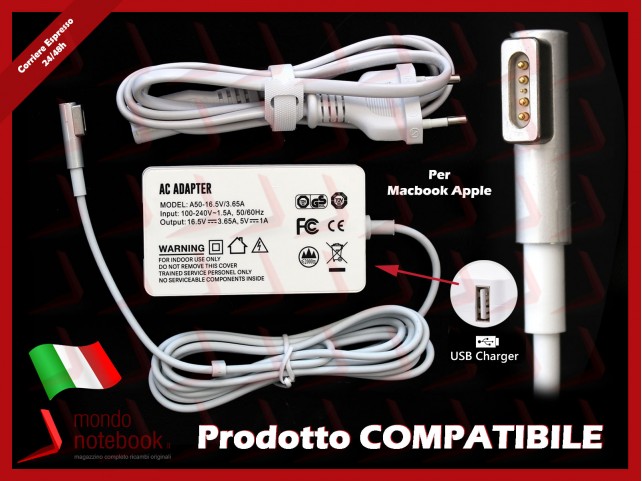 Alimentatore AC Adapter Compatibile APPLE 60W A1344 Con USB Charger