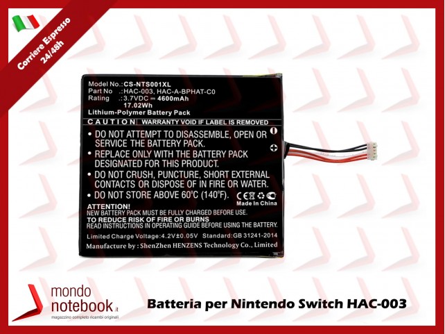 Batteria Compatibile per Nintendo Switch Game Console 3.7V 4600mAh 13.32Wh Li-Pol