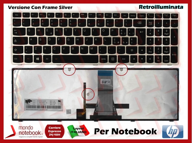 Tastiera Notebook Lenovo IdeaPad G50-30 G50-70 (Frame Silver) (Retroilluminata)