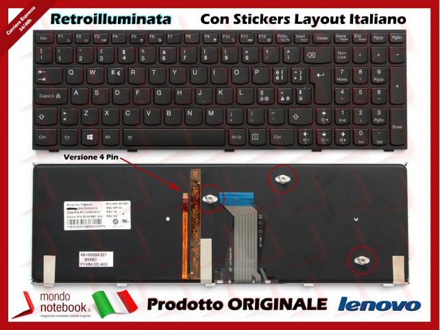 Tastiera Notebook Lenovo Y500 (LAYOUT STRANIERO) con ADESIVI in ITALIANO (RETROILLUMINATA 4 PIN)