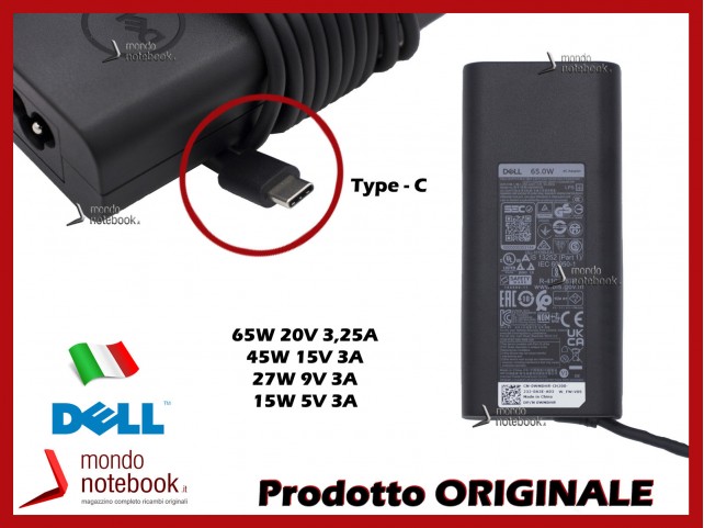 Alimentatore Originale DELL 65W 5V 9V 15V 20V USB-C Type-C