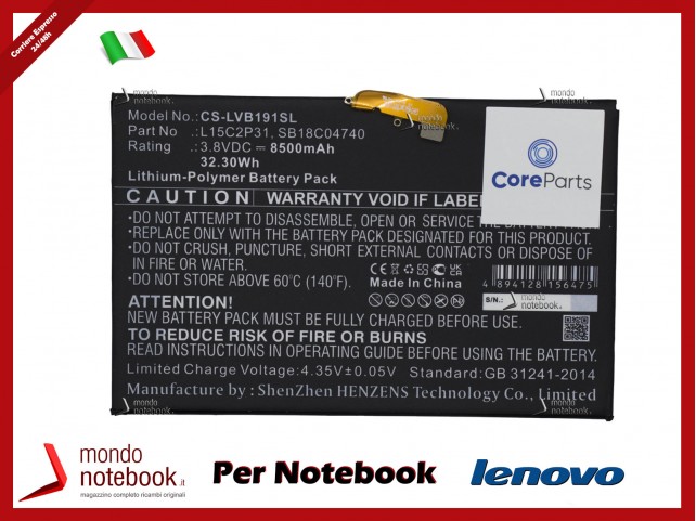 CoreParts MBXTAB-BA050 Battery for Lenovo Tablet 32.30Wh Li-Pol 3.8V 8500mAh