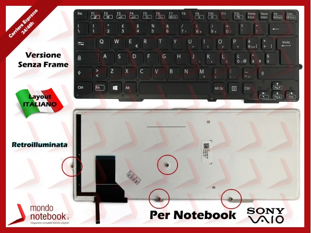 Tastiera Notebook Sony SVE13 SVS13 Series (NERA SENZA FRAME) Retroilluminata