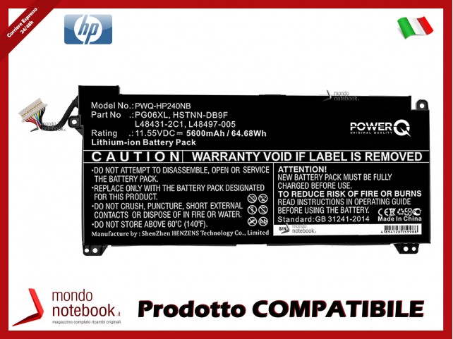 Batteria PowerQ per HP Omen 15-DH0000NA 5600 mAh 11.55V P/N HSTNN-DB9F Nero