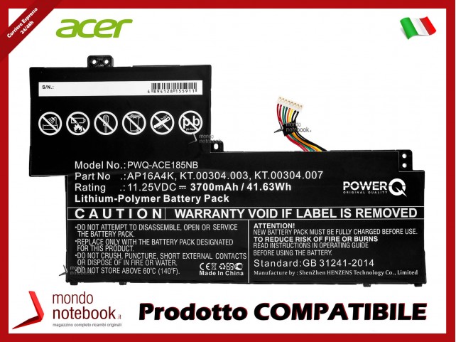 Batteria PowerQ per Acer Aspire One Cloudbook 11 AO1-13 3700 mAh 11.25V P/N AP16A4K Nero