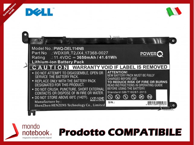 Batteria PowerQ per DELL Inspiron 13 5368 5378 3650 mAh 11.4V P/N 0WDX0R Nero