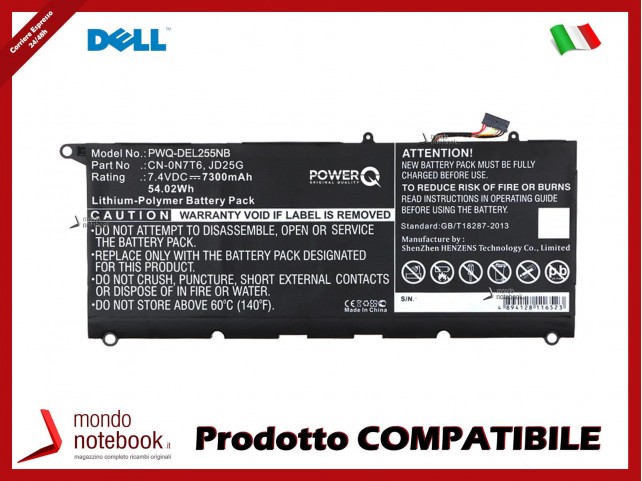 Batteria PowerQ per DELL XPS 13 2015 9343 7300 mAh 7.4V P/N 0DRRP Nero