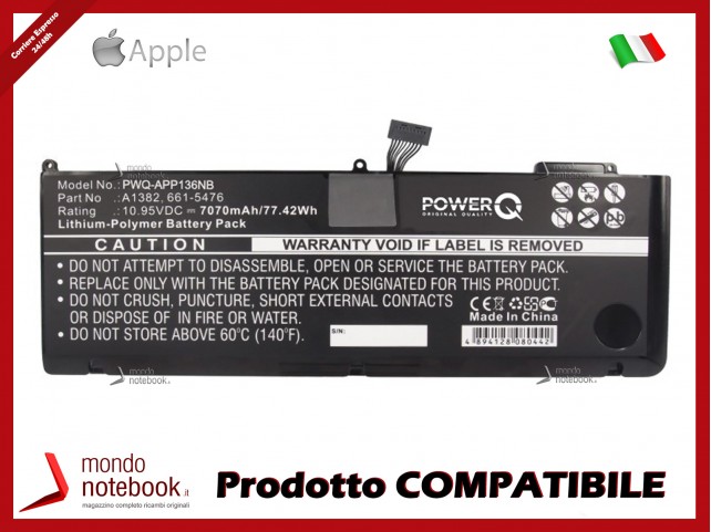 Batteria PowerQ per Apple Macbook Pro 15" inch i7 7070 mAh 10.95V P/N 020-7134-01 Nero
