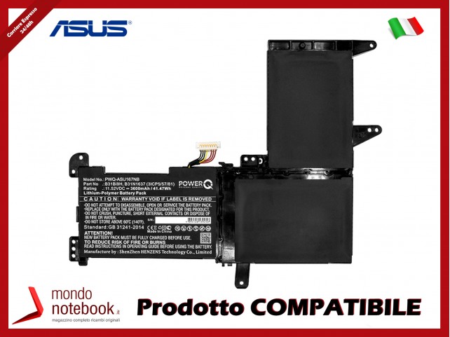 Batteria PowerQ per Asus A510QA 3600 mAh 11.52V P/N 0B200-02590000 Nero