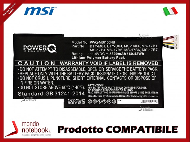 Batteria PowerQ per MSI 0016K2-213 5300 mAh 11.4V P/N BTY-M6J Nero
