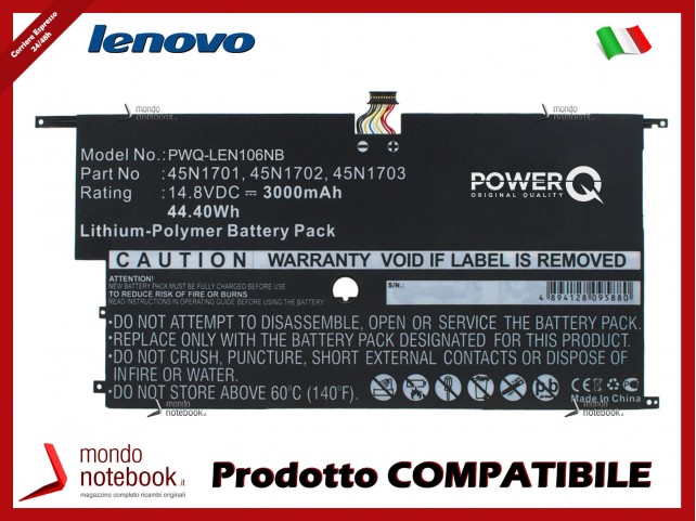 Batteria PowerQ per Lenovo 20A7 3000 mAh 14.8V P/N 00HW002 Nero