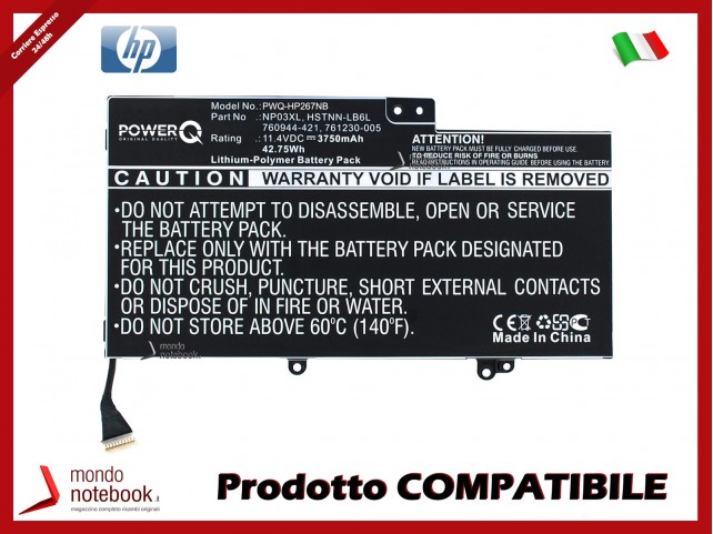 Batteria PowerQ per HP 15-U011DX 3750 mAh 11.4V P/N 760944-421 Nero
