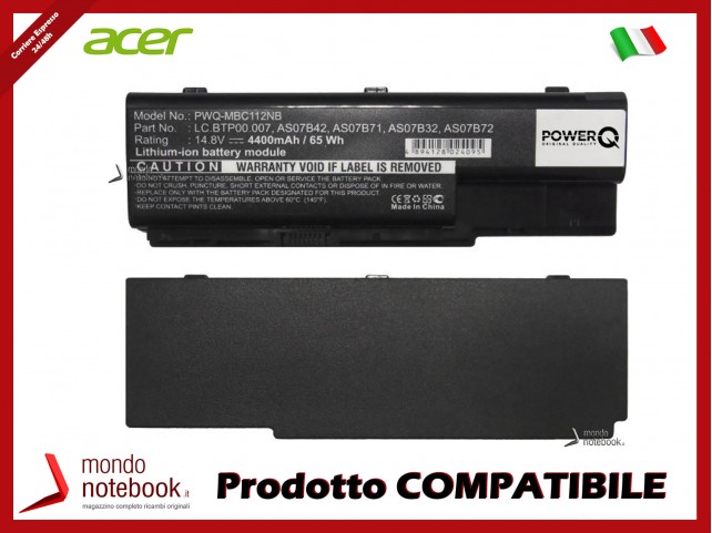 Batteria PowerQ per Acer e altri brand 4400mAh 14.8V P/N AS07B32 Nero