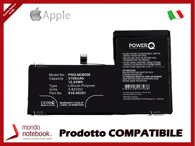 Batteria PowerQ per Apple iPhone X 3150mAh 3.82V P/N 616-00351 Alta Capacità