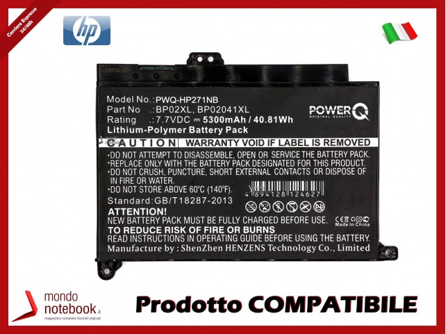 Batteria PowerQ per HP Pavilion 15-AU001NF 5300 mAh 7.7V P/N 2ICP7/65/80 Nero