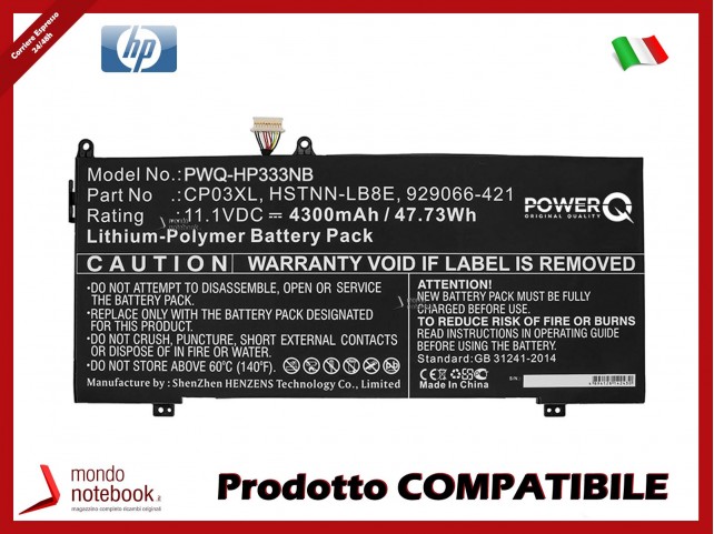 Batteria PowerQ per HP Spectre 13-ae006no X360 4300 mAh 11.1V P/N 929066-421 Nero
