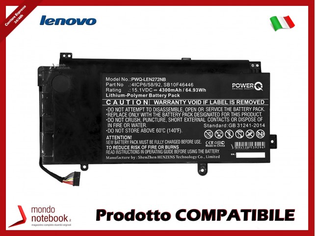 Batteria PowerQ per Lenovo 20DQ001KUS 4300 mAh 15.1V P/N 00HW008 Nero
