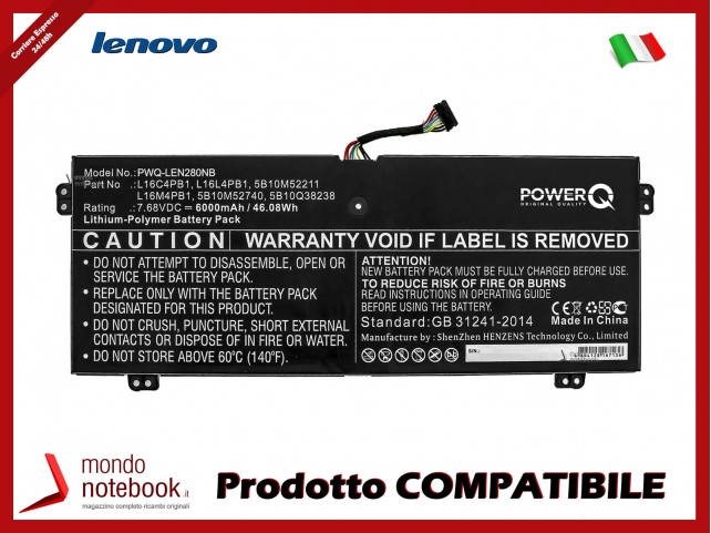 Batteria PowerQ per Lenovo YG 720-13IKB 80X6006PAU 6000 mAh 7.68V P/N 5B10M52211 Nero