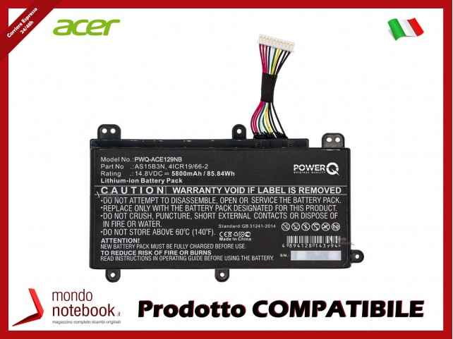 Batteria PowerQ per Acer Predator 15 G9-591 5800 mAh 14.8V P/N 4ICR19/66-2 Nero