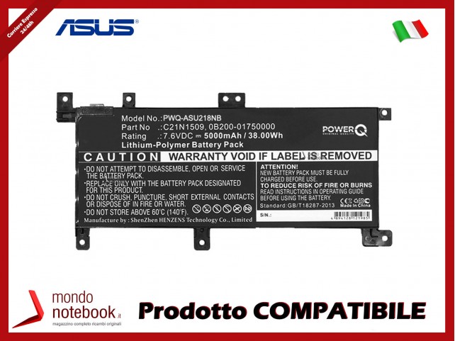 Batteria PowerQ per Asus F556UA-AB32 5000 mAh 7.6V P/N 0B200-01750000 Nero
