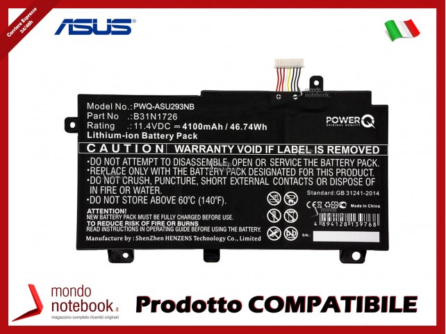 Batteria PowerQ per Asus FX504 4100 mAh 11.4V P/N 0B200-02910000 Nero