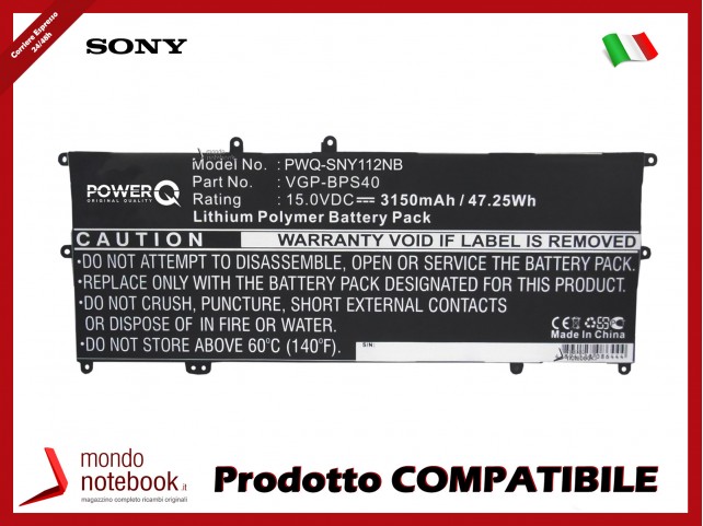 Batteria PowerQ per Sony SVF14N 3150 mAh 15.0V P/N VGP-BPS40 Nero