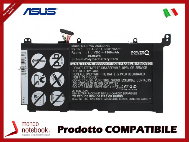 Batteria PowerQ per Asus S551L 4500 mAh 11.1V P/N 3ICP7/65/80 Nero