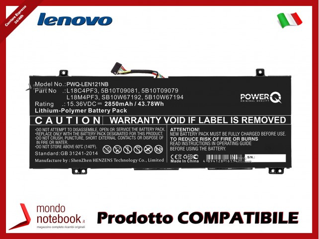 Batteria PowerQ per Lenovo IdeaPad C340-14API 2850 mAh 15.36V P/N 5B10T09079 Nero