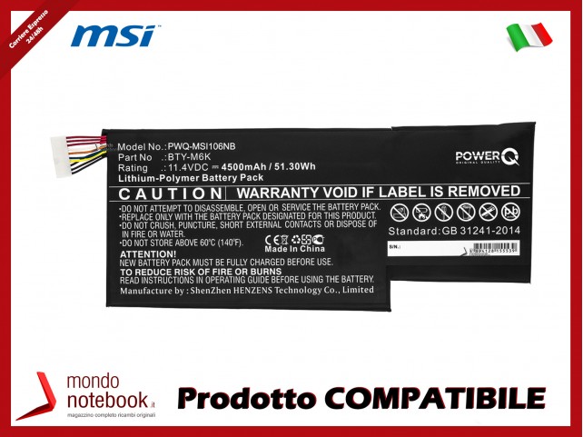 Batteria PowerQ per MSI 0017F1-002 4500 mAh 11.4V P/N BTY-M6K Nero