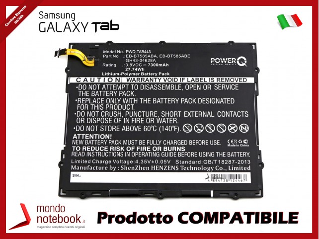 Batteria PowerQ per Samsung Galaxy Tab A 10.1 2016 TD-LTE 7300mAh 3.8V P/N EB-BT585ABA