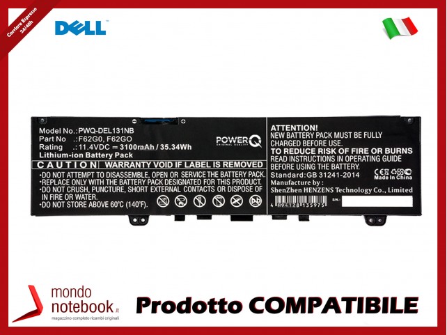 Batteria PowerQ per DELL Ins 13-5370-D1305P 3100 mAh 11.4V P/N 039DY5 Nero