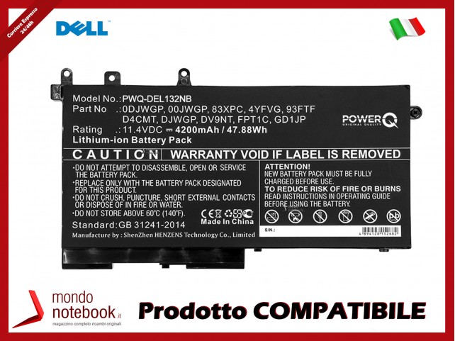 Batteria PowerQ per DELL Latitude 12 5290 4200 mAh 11.4V P/N 00JWGP Nero