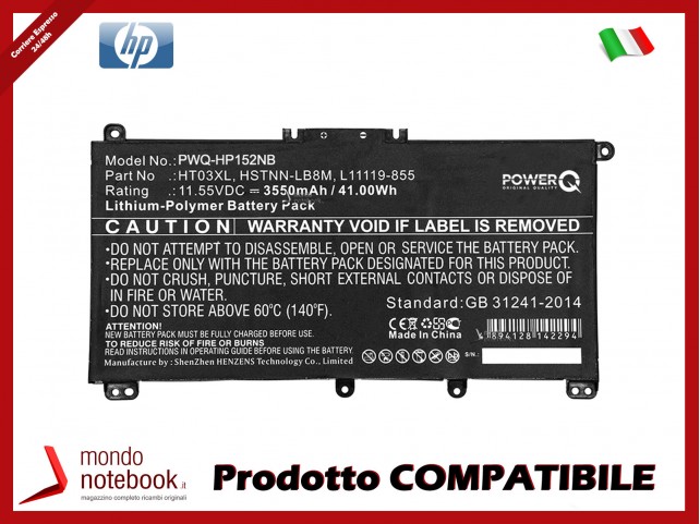 Batteria PowerQ per HP 14-CE1008TX 3550 mAh 11.55V P/N HSTNN-DB8R Nero
