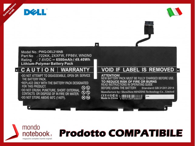 Batteria PowerQ per DELL XPS 13 9300 6500 mAh 7.6V P/N 2XXFW Nero