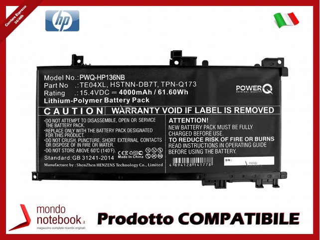 Batteria PowerQ per HP 905277-855 4000 mAh 15.4V P/N 15-AX033TX Nero