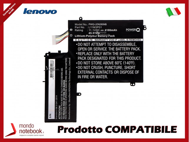 Batteria PowerQ per Lenovo IdeaPad U310 4100 mAh 11.1V P/N L11M3P01 Nero